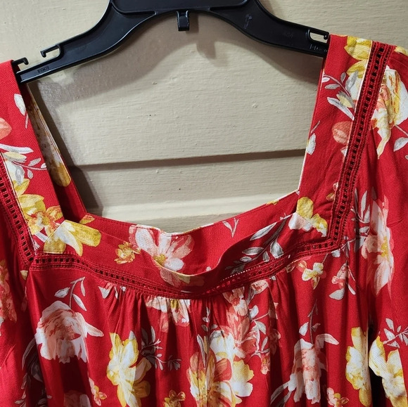 Floral Square Neck Red Mini Dres - Picture 3 of 5